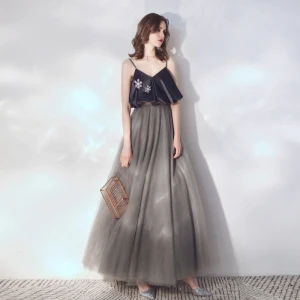 Chic Belle Gris Robe De Soirée 2019 Princesse Bretelles Spaghetti En Dentelle Fleur Sans Manches Dos Nu Longue Robe De Ceremonie