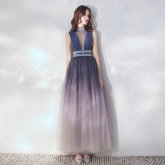 Chic Dégradé De Couleur Robe De Soirée 2019 Princesse Volants Sans Manches Faux Diamant Col Haut Longue Robe De Ceremonie