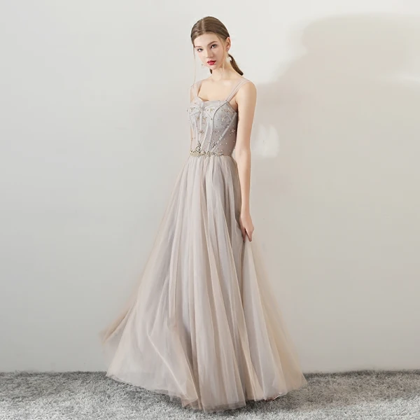 Élégant Champagne Robe De Soirée 2018 Princesse Perlage Cristal De l'épaule Dos Nu Sans Manches Longue Robe De Ceremonie