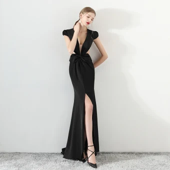 Modern Fashion Black Evening Dresses 2018 Trumpet Mermaid Bow V Neck Backless Cap Sleeves Sweep Train Formal Dresses