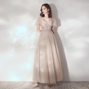 Élégant Champagne Robe De Soirée 2019 Princesse V Cou Faux Diamant Cristal Manches Courtes Dos Nu Longue Robe De Ceremonie