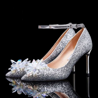 Scintillantes Argenté Chaussure De Mariée 2019 Cristal Paillettes Bride Cheville 9 Cm Talons Aiguilles À Bout Pointu Escarpins