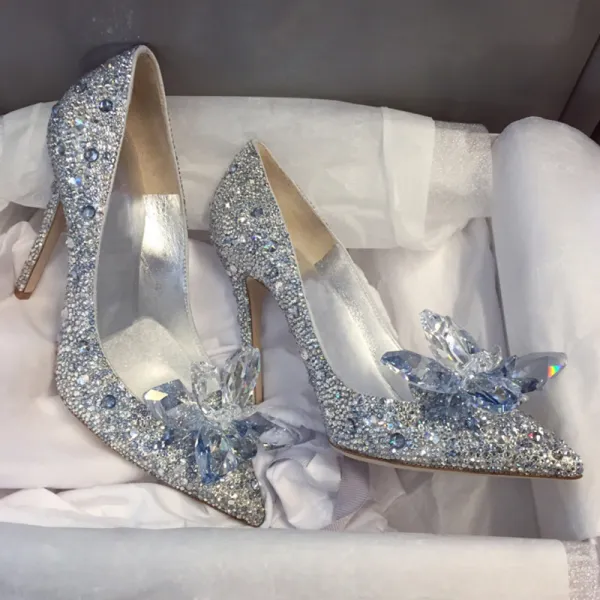 Magnífico Cenicienta Hecho a mano Plata Zapatos de novia 2019 Cuero Crystal Rhinestone 9 cm Stilettos / Tacones De Aguja Punta Estrecha Boda Tacones