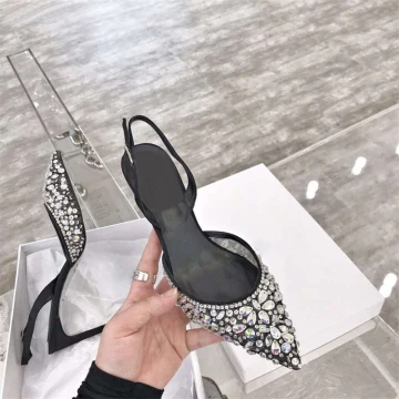 Chic Belle Noire Désinvolte Chaussures Femmes 2019 Cuir Paillettes Faux Diamant 10 Cm Talons Aiguilles À Bout Pointu Talons Hauts