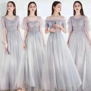 Modest Simple Grey Bridesmaid Dresses 2021 A Line Princess Square Neckline Beading Lace Flower Short Sleeve Backless Floor Length Long Wedding Party Dresses