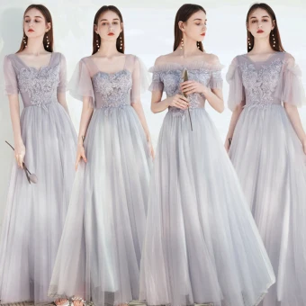 Simple Gris Robe Demoiselle D Honneur 2021 Princesse Encolure Carrée Perlage En Dentelle Fleur Manches Courtes Dos Nu Longue Robe Pour Mariage