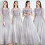 Modest / Simple Grey Bridesmaid Dresses 2021 A-Line / Princess Square Neckline Beading Lace Flower Short Sleeve Backless Floor-Length / Long Wedding Party Dresses