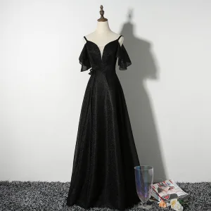 Chic Beautiful Black Evening Dresses 2019 A Line Princess Spaghetti Straps Short Sleeve Backless Floor Length Long Formal Dresses