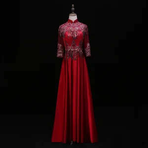 Kinesisk Stil Burgundy Aftonklänningar 2019 Prinsessa Hög Hals Spets Blomma Paljetter Tassel 3 4 Ärm Halterneck Långa Formella Klänningar