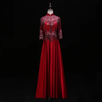 Style Chinois Bordeaux Robe De Soirée 2019 Princesse Col Haut En Dentelle Fleur Paillettes Gland 3 4 Manches Dos Nu Longue Robe De Ceremonie