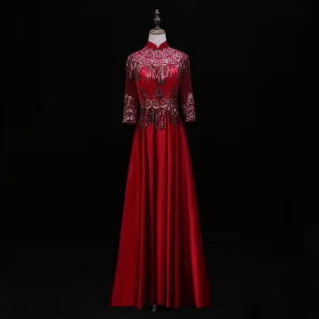 Chinese Style Burgundy Evening Dresses 2019 A Line Princess High Neck Lace Flower Sequins Tassel 3 4 Sleeve Backless Floor Length Long Formal Dresses