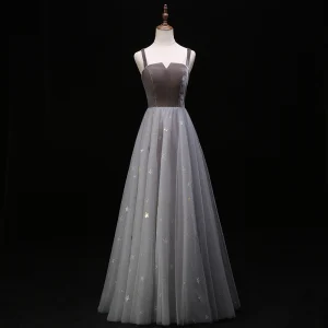 Élégant Gris Robe De Soirée 2019 Princesse Bretelles Spaghetti En Dentelle Paillettes Étoile Sans Manches Dos Nu Longue Robe De Ceremonie