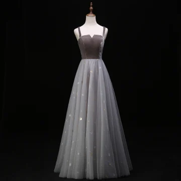 Elegantes Gris Vestidos De Noche 2019 A Line Princess Spaghetti Straps Con Encaje Lentejuelas Estrella Sin Mangas Sin Espalda Largos Vestidos Formales