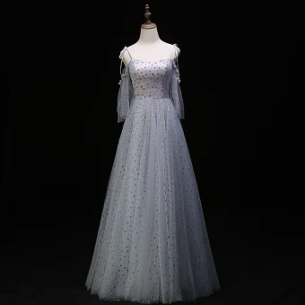 Chic Beautiful Grey Evening Dresses 2019 A Line Princess Spaghetti Straps Spotted Short Sleeve Backless Floor Length Long Formal Dresses