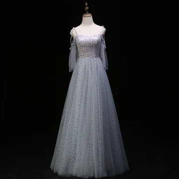 Chic Belle Gris Robe De Soirée 2019 Princesse Bretelles Spaghetti Tachetée Manches Courtes Dos Nu Longue Robe De Ceremonie