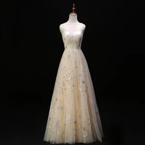 Moderne Mode Champagne Robe De Soirée 2019 Princesse Encolure Dégagée En Dentelle Étoile Paillettes Sans Manches Dos Nu Longue Robe De Ceremonie