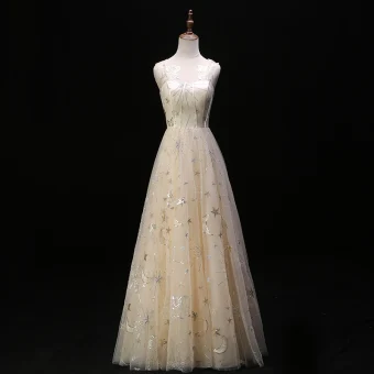 Modern Fashion Champagne Evening Dresses 2019 A Line Princess Scoop Neck Lace Star Sequins Sleeveless Backless Floor Length Long Formal Dresses