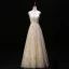 Modern / Fashion Champagne Evening Dresses  2019 A-Line / Princess Scoop Neck Lace Star Sequins Sleeveless Backless Floor-Length / Long Formal Dresses