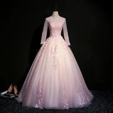 Eleganckie Rumieniąc Różowy Sukienki Na Bal 2019 Suknia Balowa Wysokiej Szyi Frezowanie Perła Kryształ Z Koronki Kwiat Długie Rękawy Bez Pleców Długie Sukienki Wizytowe