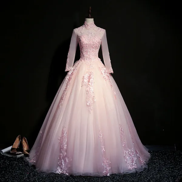 Elegant Blushing Pink Prom Dresses 2019 Ball Gown High Neck Beading Pearl Crystal Lace Flower Long Sleeve Backless Floor-Length / Long Formal Dresses