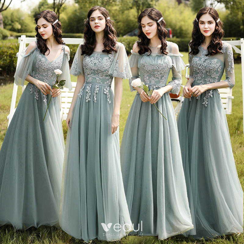 Modest / Simple Mint Green Lace Flower Bridesmaid Dresses 2021 A