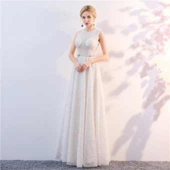 Chic Beautiful White Evening Dresses 2018 A Line Princess Lace Metal Sash Scoop Neck See Through Sleeveless Backless Floor Length Long Formal Dresses