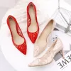 Chic / Beautiful Red Wedding Shoes 2019 Lace Sequins 7 cm Stiletto Heels Pointed Toe Pierced Wedding Pumps