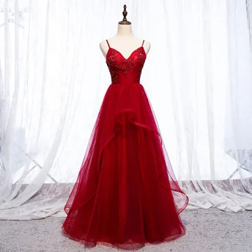 Chic Belle Bordeaux Robe De Soirée 2019 Princesse Bretelles Spaghetti Appliques Perlage Cristal Sans Manches Dos Nu Longue Robe De Ceremonie