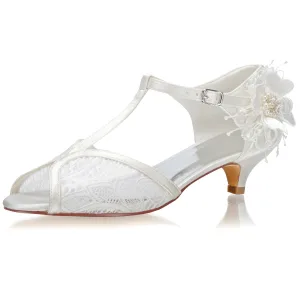 Elegant Ivory Pearl Lace Flower Satin Wedding Shoes 2021 3 Cm Low Heel Stiletto Heels Open Peep Toe Wedding High Heels