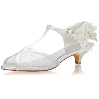 Elegant Ivory Pearl Lace Flower Satin Wedding Shoes 2021 3 Cm Low Heel Stiletto Heels Open Peep Toe Wedding High Heels