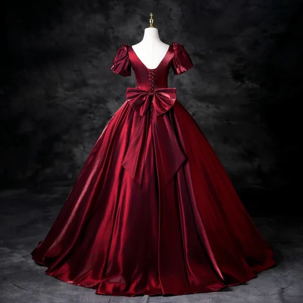 Vintage / Retro Burgundy Prom Dresses 2025 Ball Gown Square Neckline Puffy Short Sleeve Backless Bow Floor-Length / Long Prom Formal Dresses