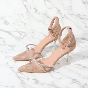 Sexy Beige Cocktail Party Rhinestone Womens Sandals 2021 Ankle Strap 7 Cm Stiletto Heels Open Peep Toe Sandals High Heels
