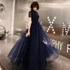 Chinese style Navy Blue Evening Dresses  2019 A-Line / Princess High Neck Beading Crystal Short Sleeve Floor-Length / Long Formal Dresses