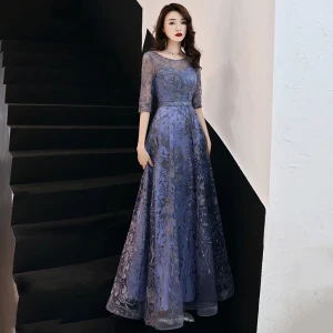 Chic Belle Océan Bleu Robe De Soirée 2019 Princesse Encolure Dégagée En Dentelle Fleur 1 2 Manches Longue Robe De Ceremonie
