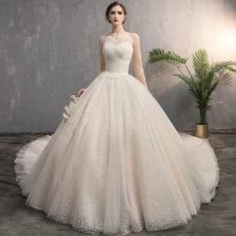 Stijlvolle Champagne Trouwjurken 2019 A Lijn Strapless Kralen Pailletten Kant Bloem Mouwloos Ruglooze Cathedral Train