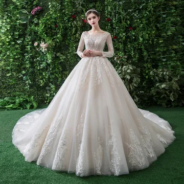 Chic Champagne Robe De Mariée 2019 Princesse Encolure Dégagée En Dentelle Fleur Manches Longues Dos Nu Royal Train