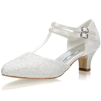 Élégant Ivoire Satin En Dentelle Chaussure De Mariée 2021 T Strap 5 Cm Talons Épais À Bout Pointu Mariage Talons Hauts