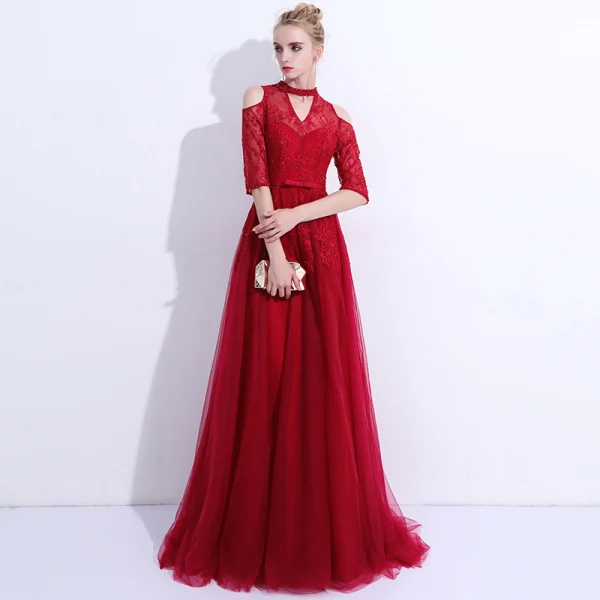 Chic / Belle Bordeaux Robe De Soirée 2018 Princesse En Dentelle Fleur Perlage Cristal Perle Noeud épaules 1/2 Manches Longue Robe De Ceremonie