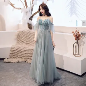 Chic Beautiful Grey Evening Dresses 2019 A Line Princess Spaghetti Straps Beading Appliques Pearl Sequins Short Sleeve Backless Floor Length Long Formal Dresses