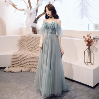 Chic Beautiful Grey Evening Dresses 2019 A Line Princess Spaghetti Straps Beading Appliques Pearl Sequins Short Sleeve Backless Floor Length Long Formal Dresses