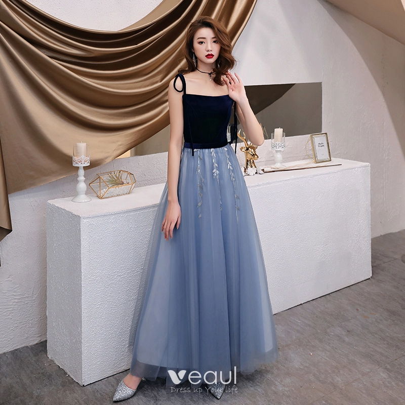 Charming Sky Blue Evening Dresses 2019 A-Line / Princess Spaghetti Straps Butterfly  Appliques Sleeveless Backless Floor