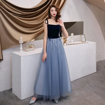 Chic Belle Bleu Ciel Robe De Soirée 2019 Princesse Bretelles Spaghetti Noeud Paillettes En Dentelle Fleur Sans Manches Daim Dos Nu Longue Robe De Ceremonie