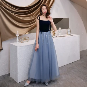 Chic Beautiful Sky Blue Evening Dresses 2019 A Line Princess Spaghetti Straps Bow Sequins Lace Flower Sleeveless Suede Backless Floor Length Long Formal Dresses