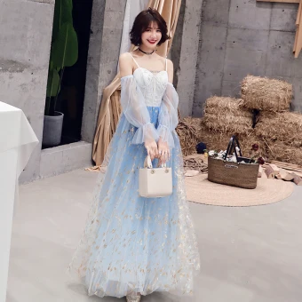 Moderne Mode Bleu Ciel Robe De Soirée 2019 Princesse Bretelles Spaghetti Paillettes Manches Longues Dos Nu Longue Robe De Ceremonie