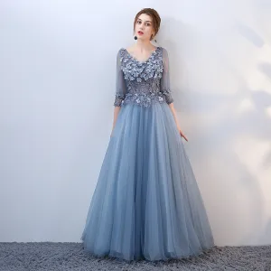 Élégant Bleu Robe De Bal 2018 Princesse En Dentelle Fleur Appliques Perle V Cou Dos Nu 3 4 Manches Longue Robe De Ceremonie