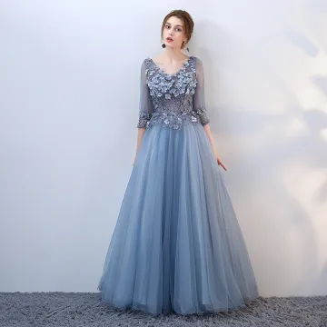 Elegante Blauw Galajurken 2018 A Lijn Kant Bloem Appliques Parel V Hals Ruglooze 3 4 Mouwen Lange Gelegenheid Jurken