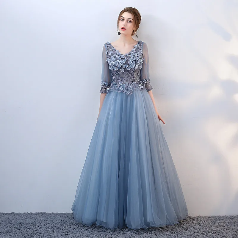 Elegant Pool Blue Prom Dresses 2018 A Line Princess Lace Flower Appliques  Pearl V Neck Backless 3 4 Sleeve Floor Length Long Formal Dresses