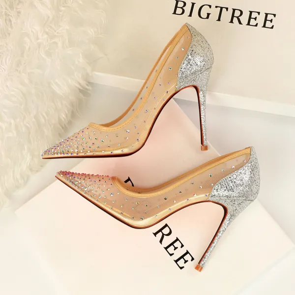 Chic / Beautiful Silver Evening Party Pumps 2019 Rhinestone 10 cm High ...