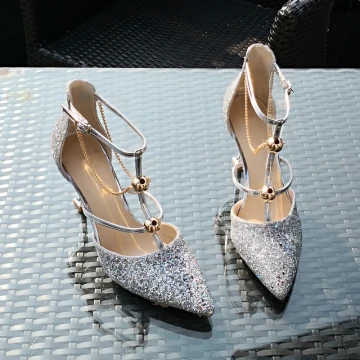 Mooie Prachtige Zilveren Bruidsschoenen 2019 Pailletten T Strap 8 Cm Naaldhakken Stiletto Spitse Neus Huwelijk Hoge Hakken