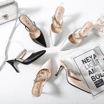 Chic Beautiful Silver Casual Womens Sandals 2019 Leather Satin Rhinestone 9 Cm Stiletto Heels Sandals Pointed Toe
